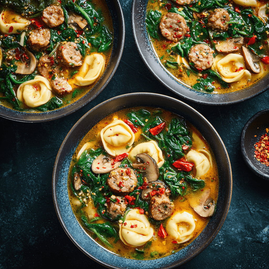 Three variations of sausage tortellini soup with spinach.
