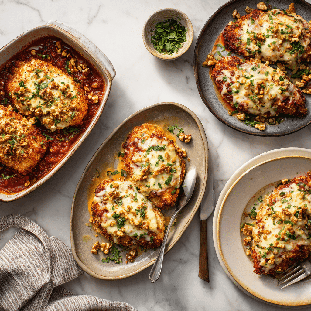 Baked Chicken Parmesan variations on different plates