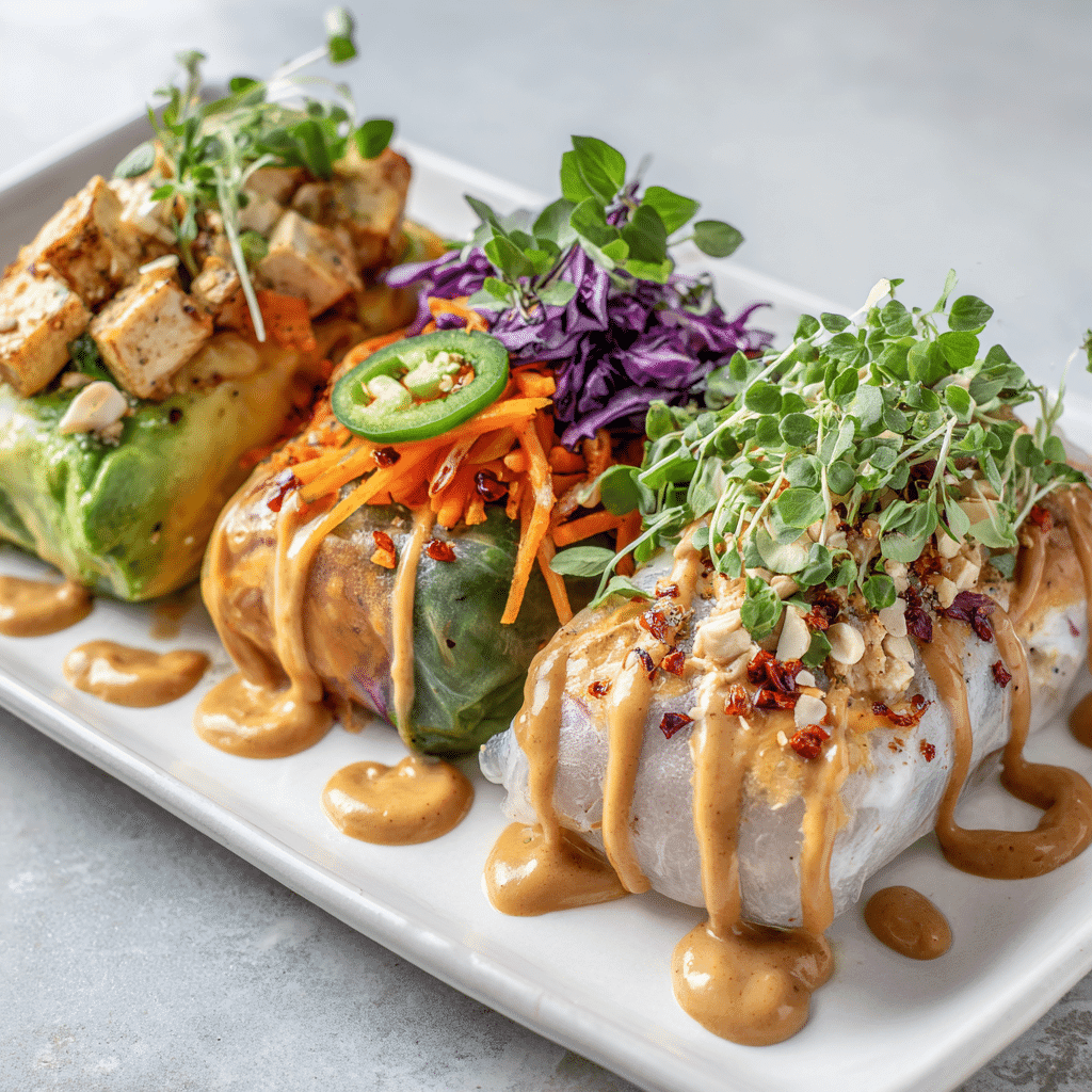 Three Thai chicken wraps in different styles – spicy, vegetarian, and gluten-free