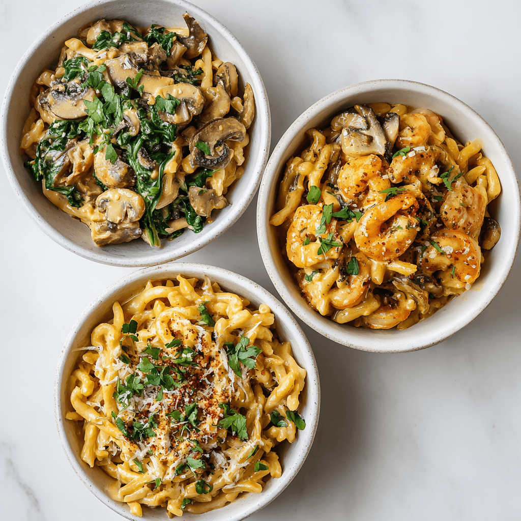 Three variations of Creamy Cajun Chicken Pasta in small serving bowls