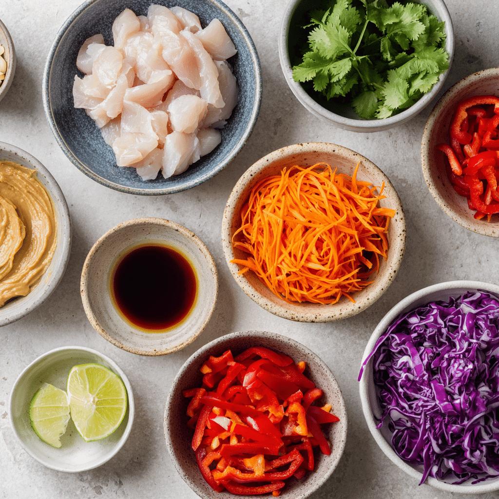 Fresh ingredients for Thai wraps laid out on a kitchen counter
