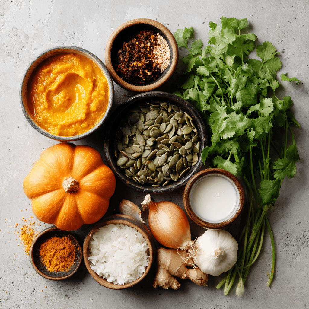 Fresh pumpkin puree, coconut milk, curry paste, onion, garlic, ginger, cilantro, and pumpkin seeds arranged on a counter.