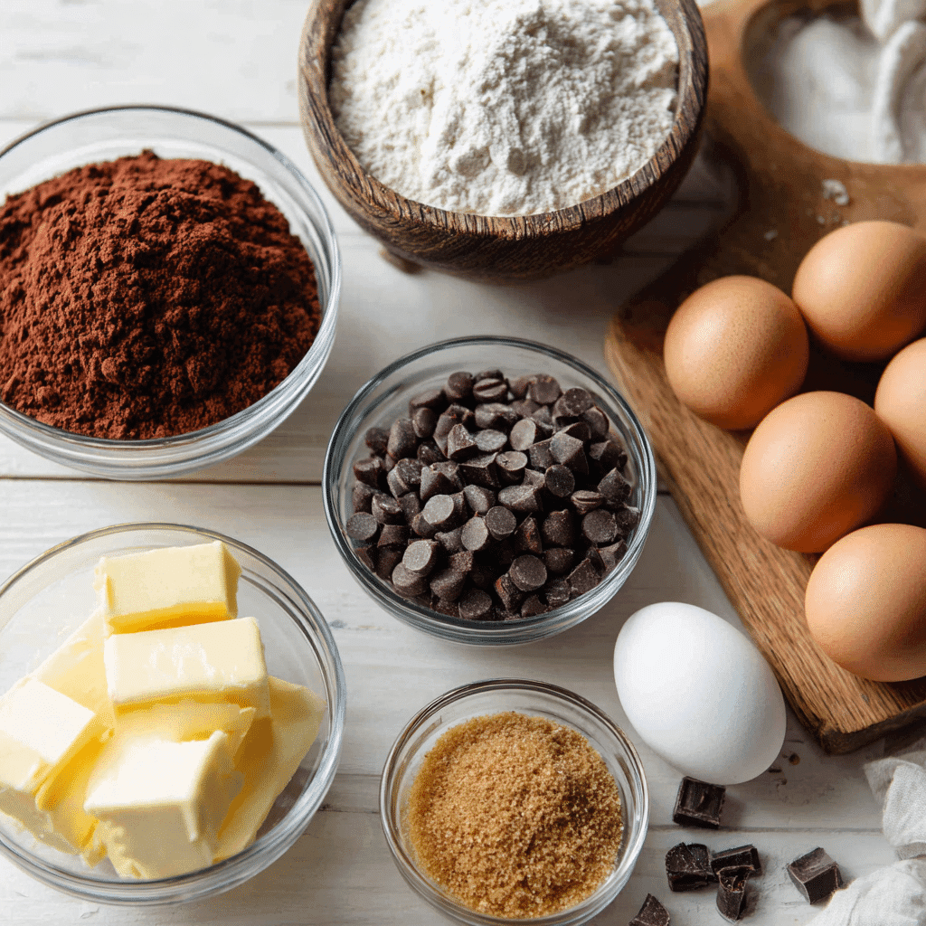 Neatly arranged baking ingredients for fudgy chocolate brownie cookies on a wooden surface