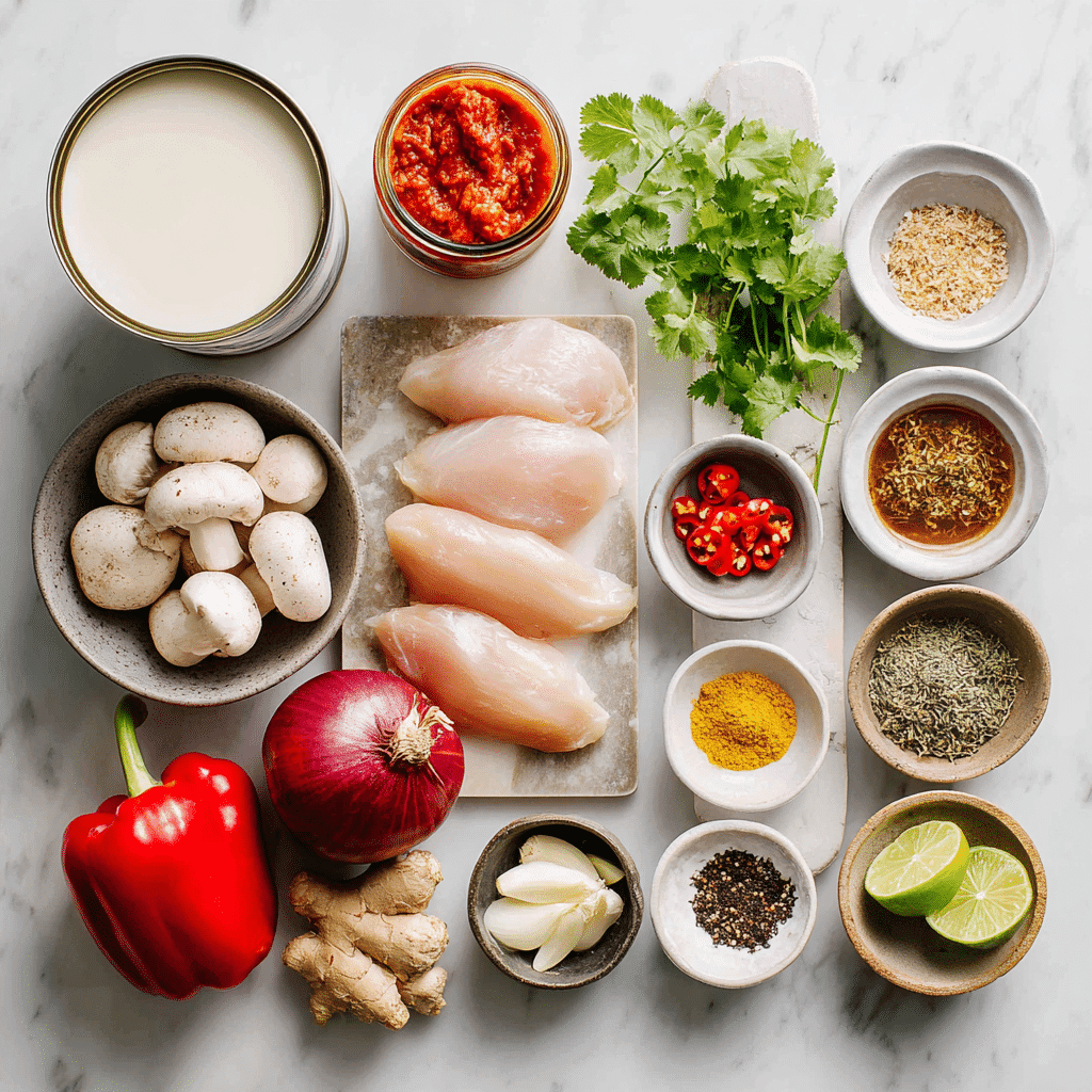 Ingredients laid out for Easy Thai Chicken Soup on a kitchen counter