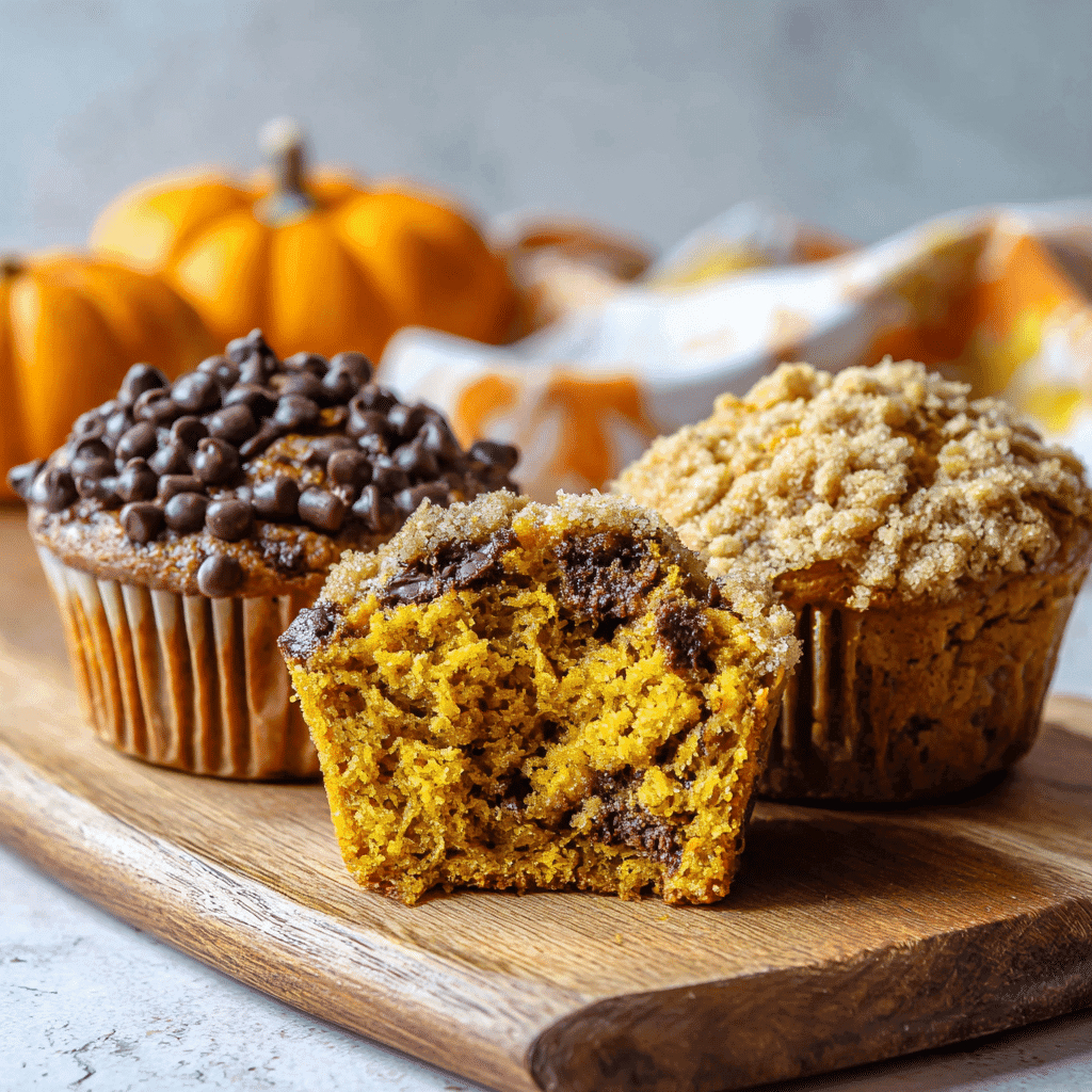 Three types of pumpkin muffins showing chocolate chip, streusel, and plain variations
