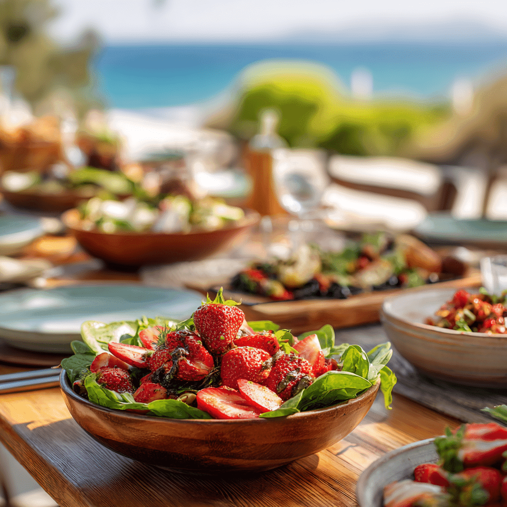 Strawberry spinach salad served in wooden bowl at sunny outdoor table