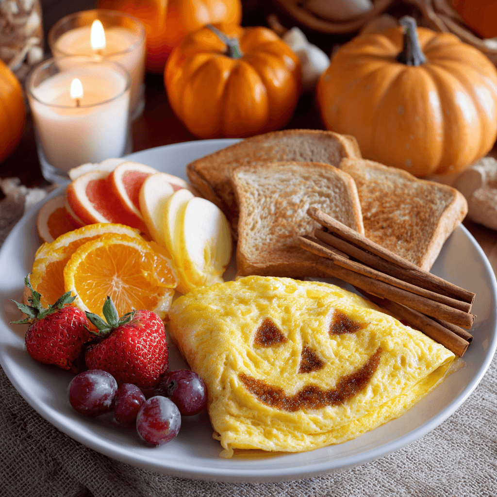 Served Jack-o’-Lantern Omelet with fruit and toast