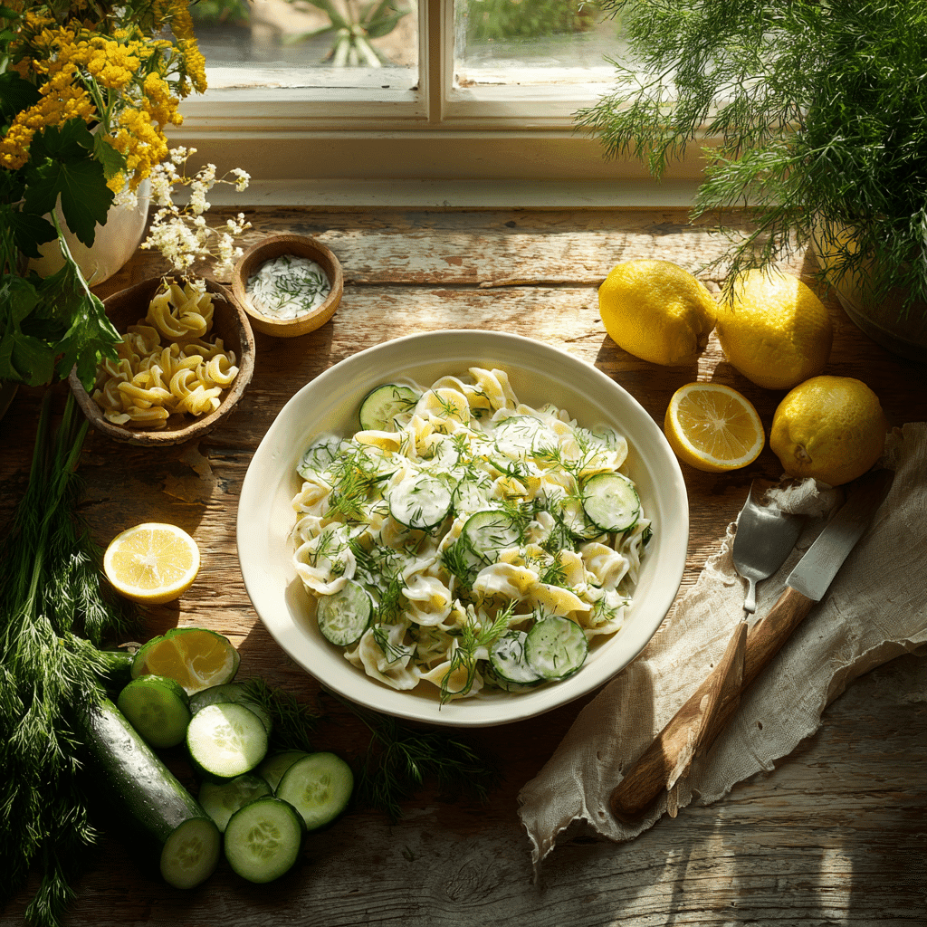 Fresh cucumber pasta salad in a summer kitchen
