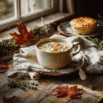 Chicken Pot Pie Soup Recipe served in cozy fall setting