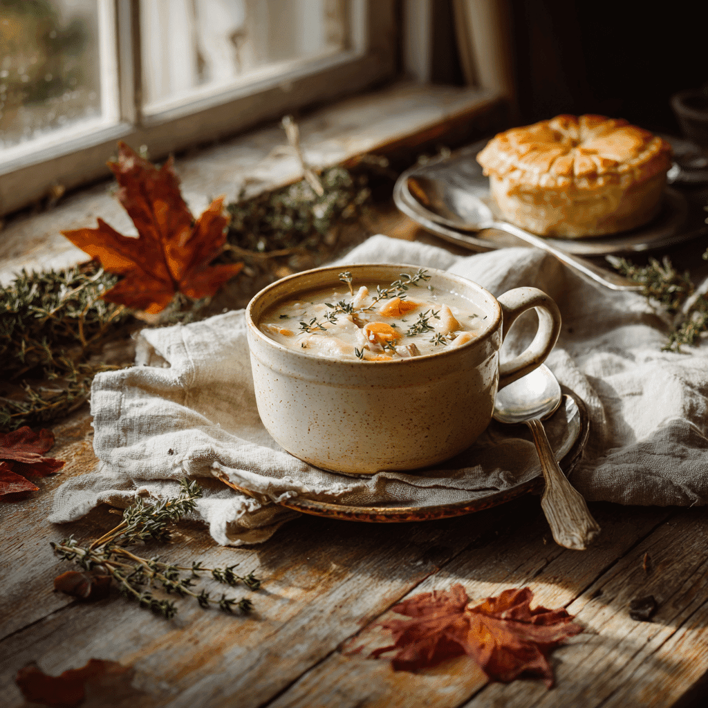 Chicken Pot Pie Soup Recipe served in cozy fall setting