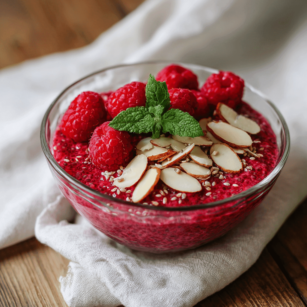 Served raspberry chia pudding with raspberries and mint