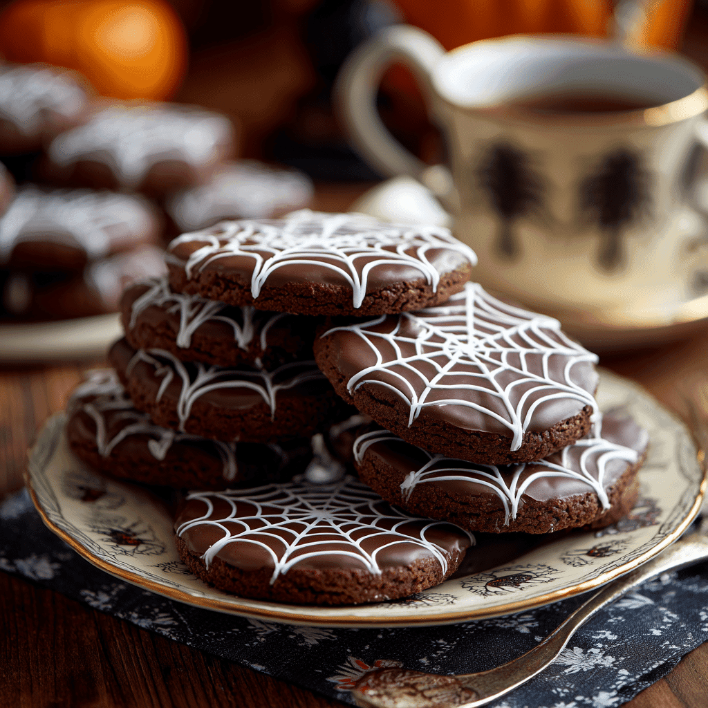 Plate of spider web chocolate cookies served with fall decor