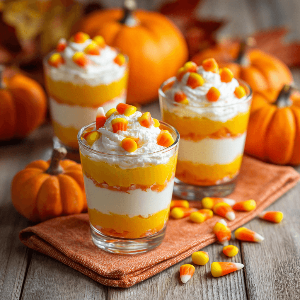 Halloween Yogurt Parfaits with Candy Corn Layers in clear cups