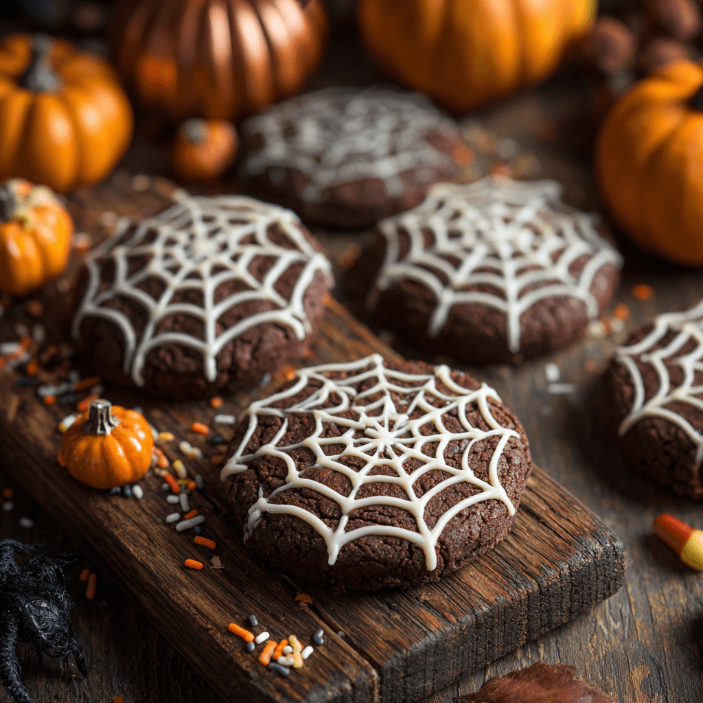 Spooky Spider Web Chocolate Cookies on wood board with Halloween decor