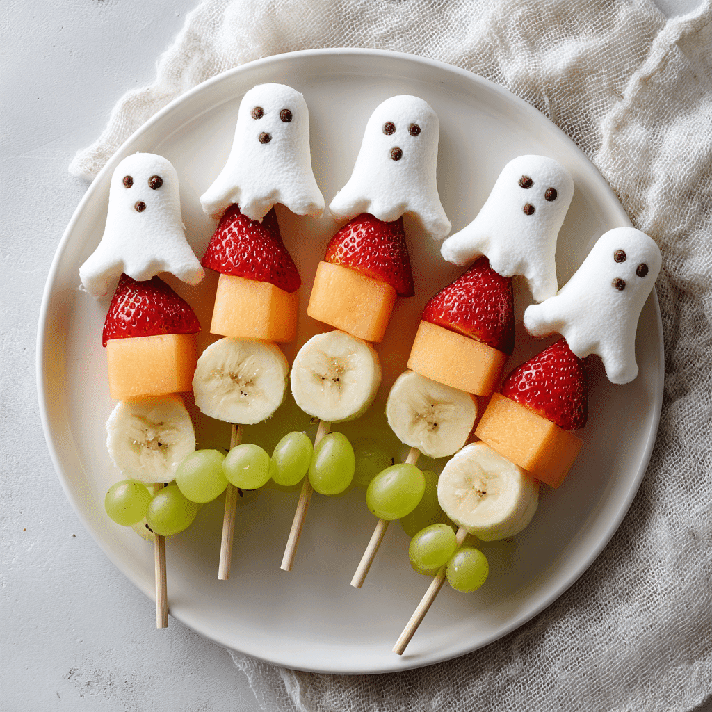 Halloween Fruit Skewers with Marshmallow Ghosts on white plate