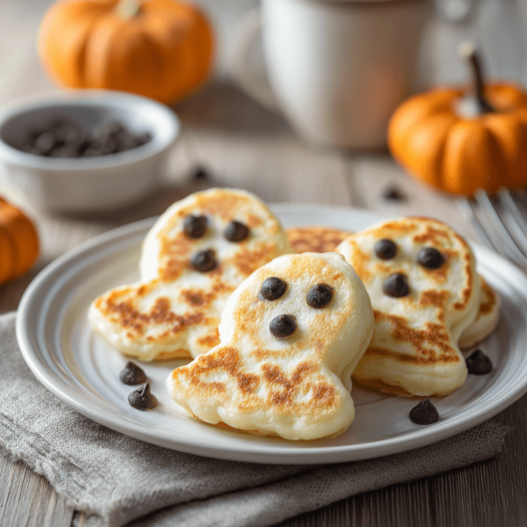 Ghost-shaped pancakes with chocolate chip eyes