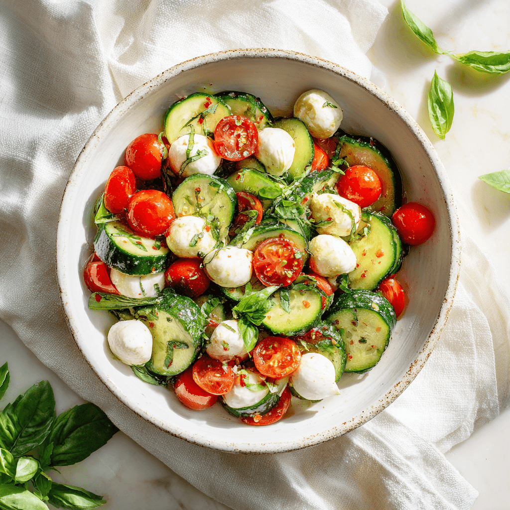 Easy Cucumber Caprese Salad in white bowl with basil and tomatoes