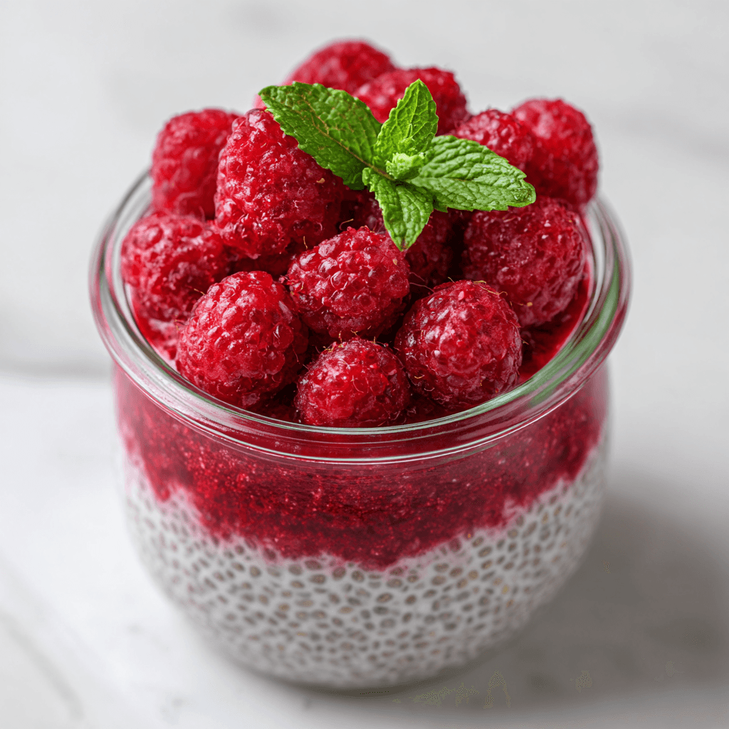 Raspberry chia pudding in glass jar with fresh raspberries and mint