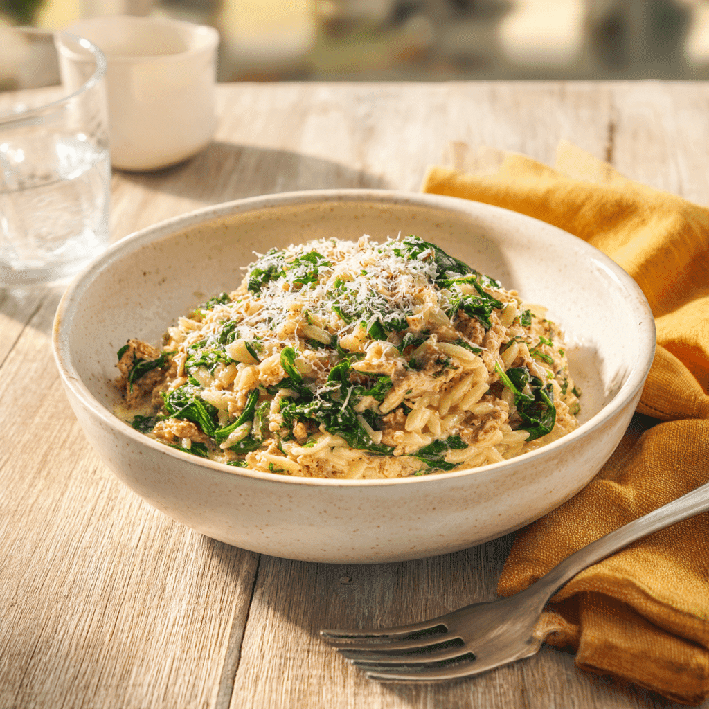 Bowl of Best Ground Turkey Orzo Recipe ready to serve
