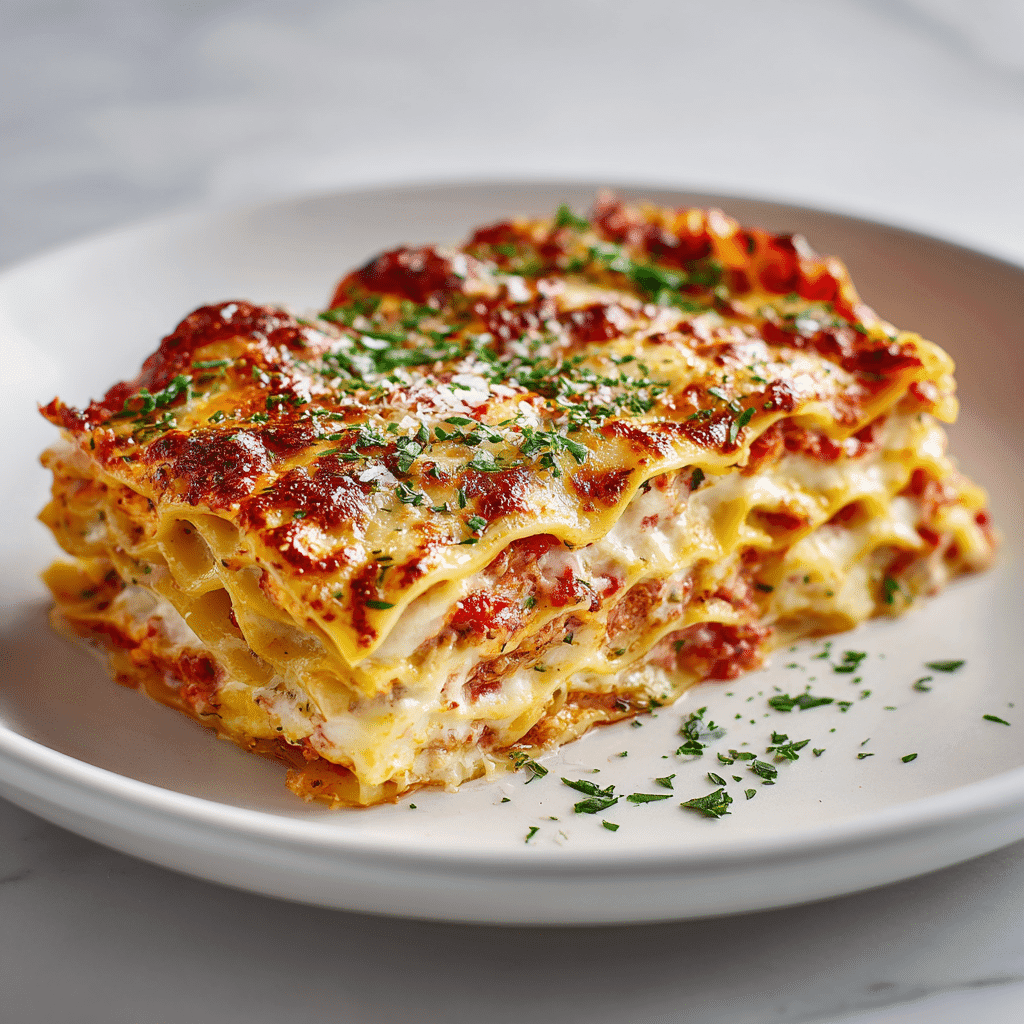 A plated slice of lasagna noodles ready to servenoodles