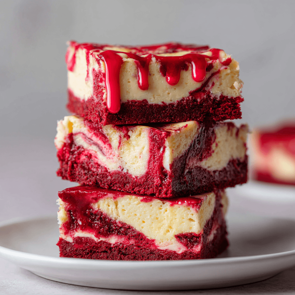 Bloody Red Velvet Cheesecake Bars on white plate