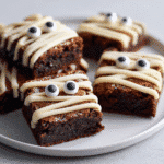 Mummy Brownies with White Chocolate Bandages close-up on a plate