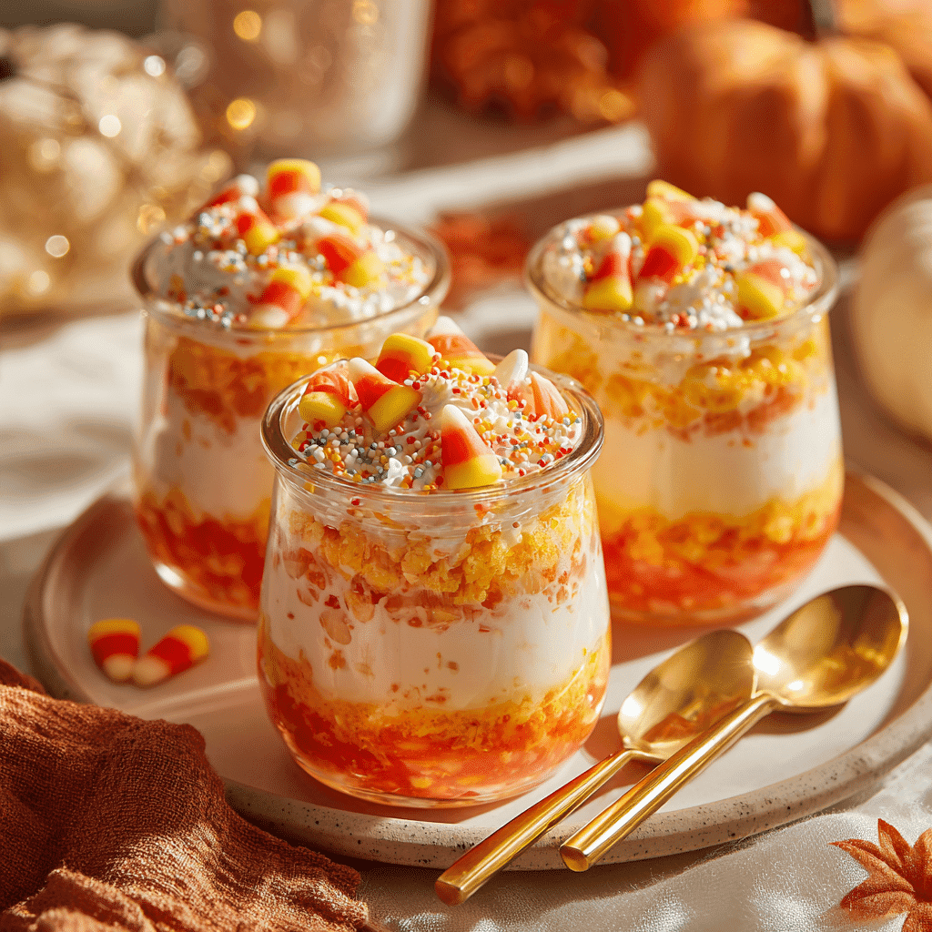 Halloween Yogurt Parfaits with festive toppings on tray