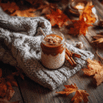 Brown sugar overnight oats in a jar with cozy fall decor