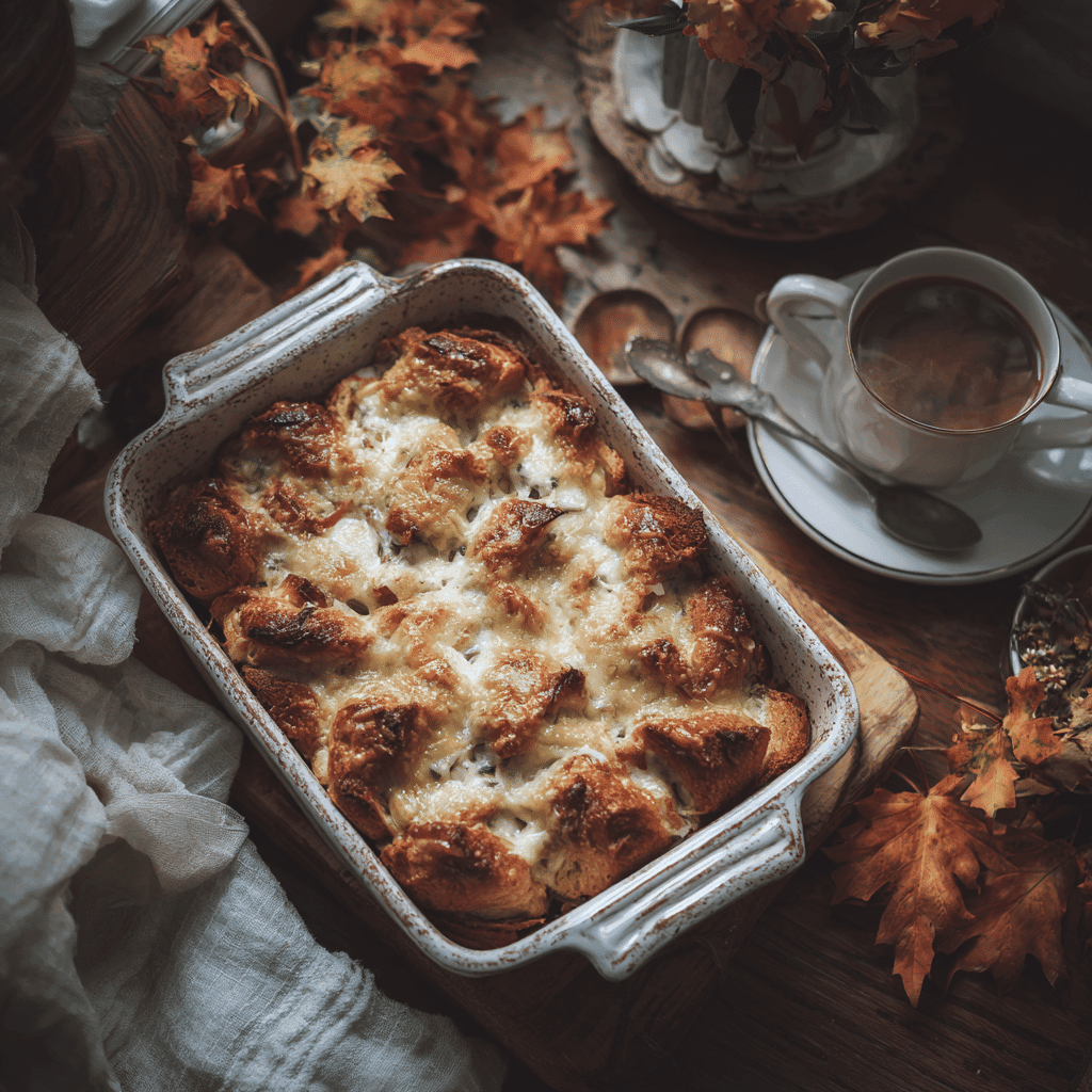 Delicious Ham and Cheese Croissant Casserole fresh from oven
