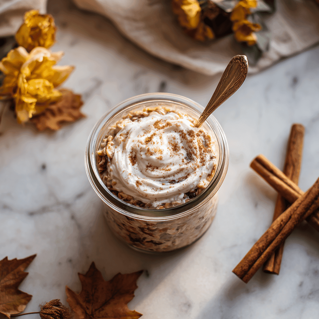 Cinnamon Roll Protein Overnight Oats in a cozy fall kitchen
