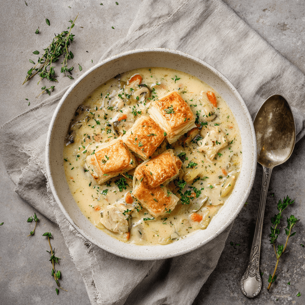 Served Chicken Pot Pie Soup with puff
