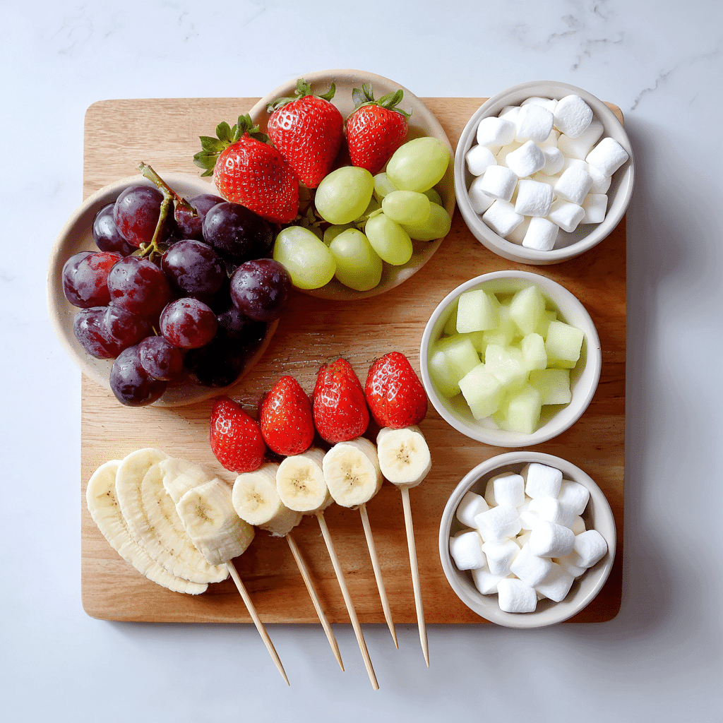 Ingredients for Halloween Fruit Skewers with Marshmallow Ghosts