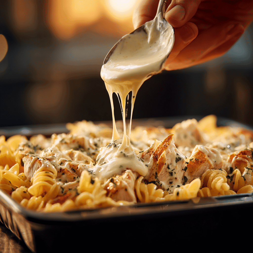 Pouring Alfredo sauce over uncooked pasta