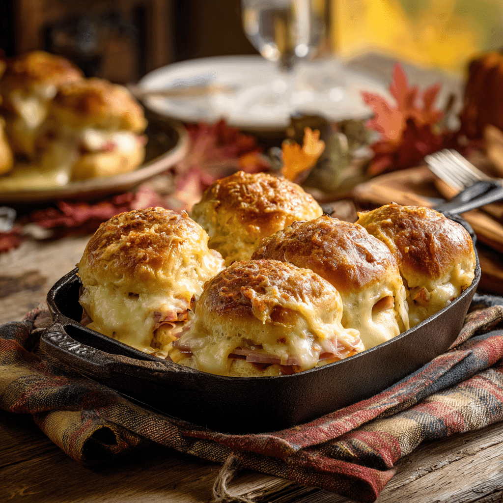 Ham and Havarti Cheese Sliders hot from the oven in autumn setting