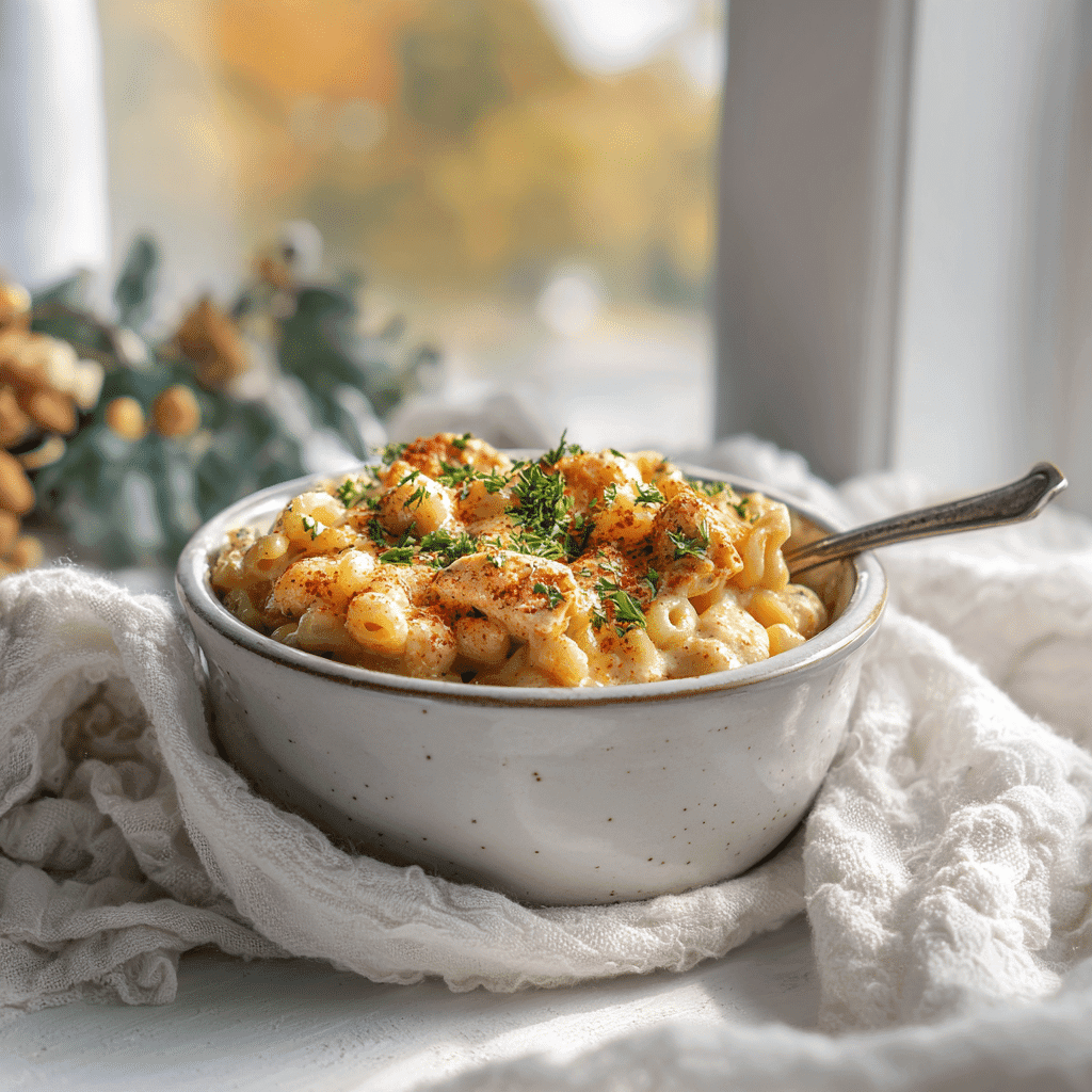 Served bowl of Honey Pepper Chicken Mac and Cheese