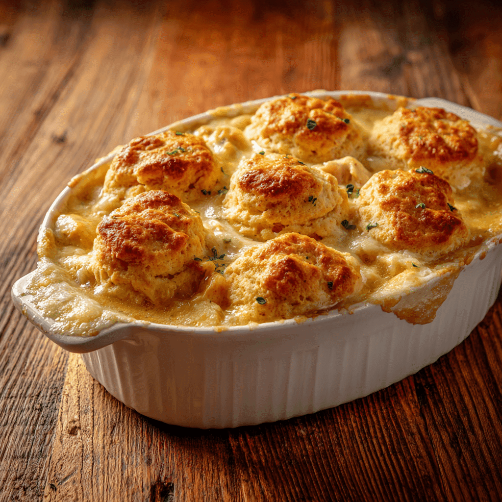 TikTok Chicken Cobbler in rustic baking dish