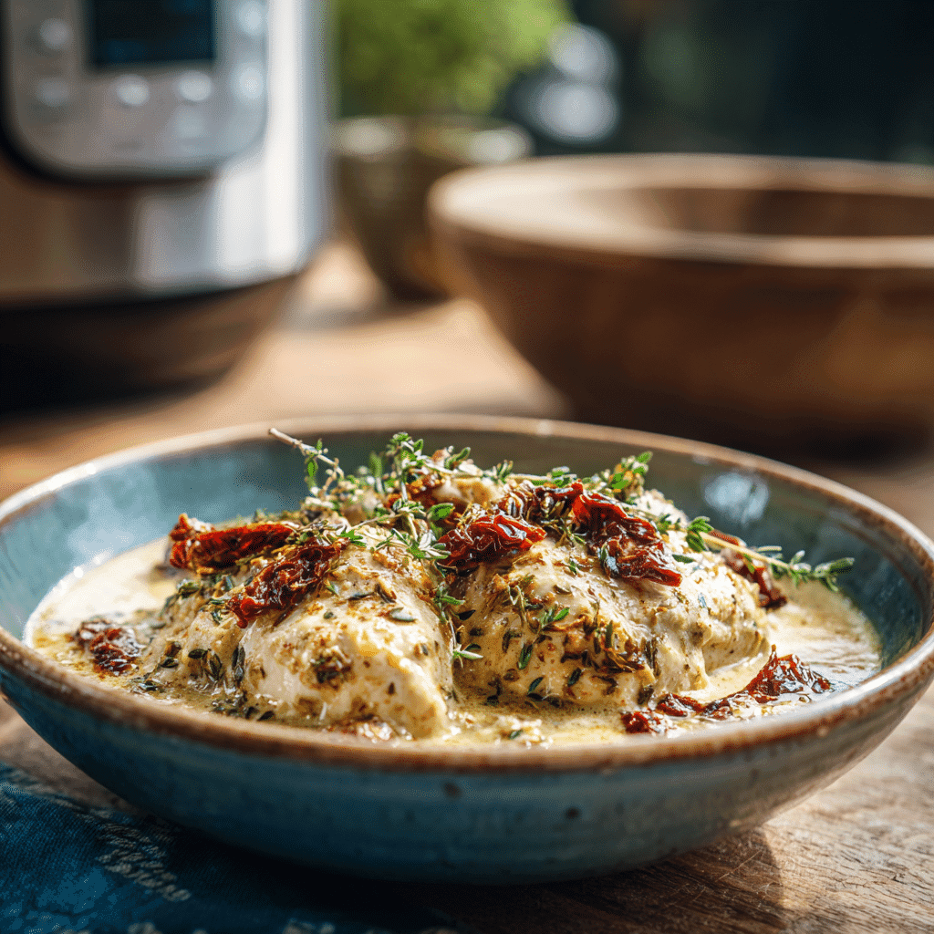 Marry Me Chicken Crock Pot served in a rustic bowl