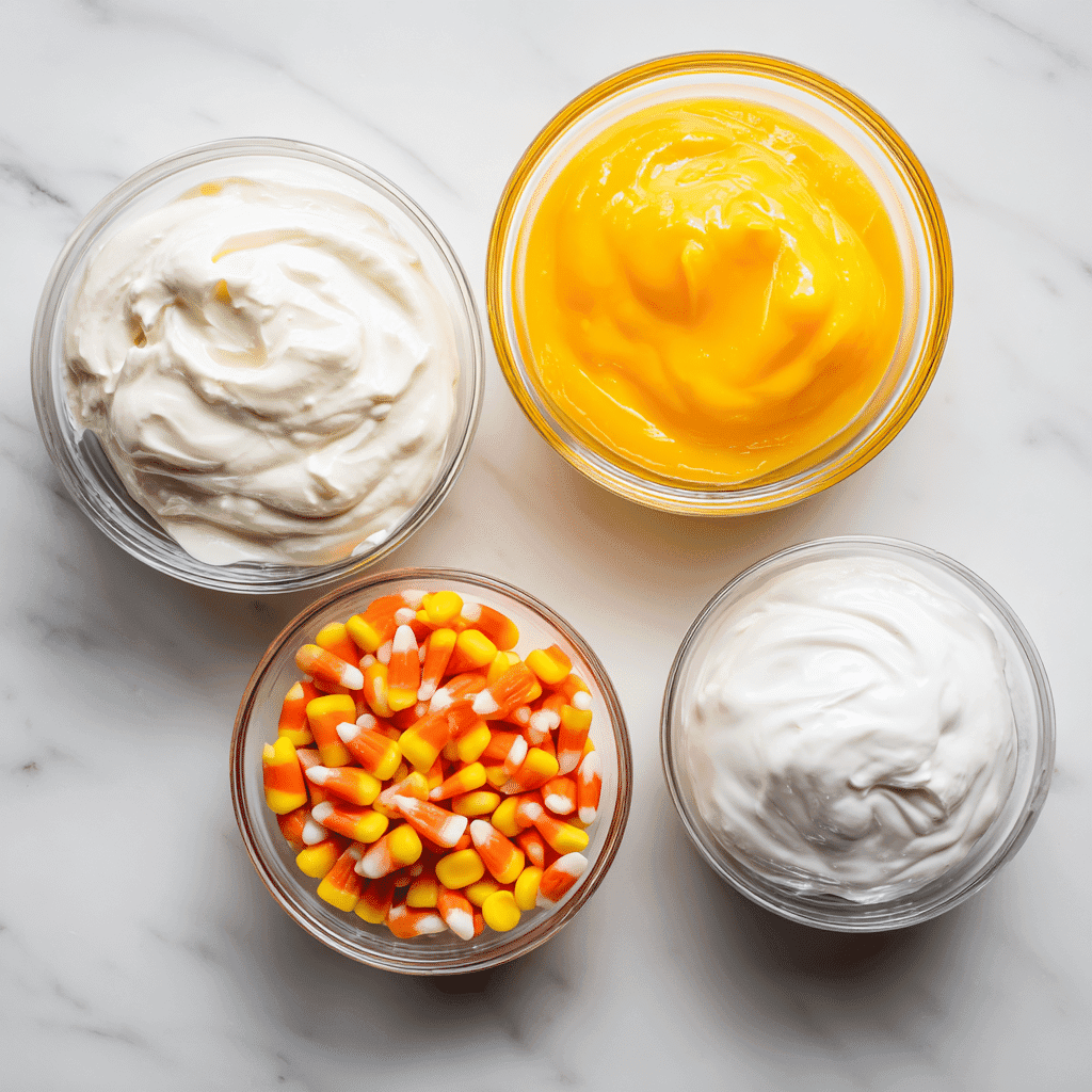 Ingredients for Halloween Yogurt Parfaits with Candy Corn Layers