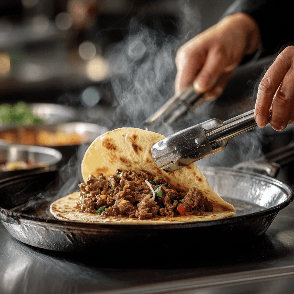 Smashing beef onto tortilla for tacos
