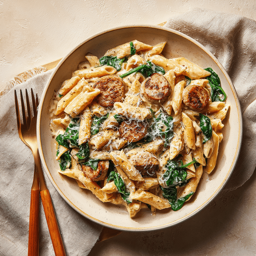 Bowl of creamy chicken sausage pasta with spinach