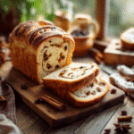 Cinnamon raisin bread dough being filled and rolled on countertop