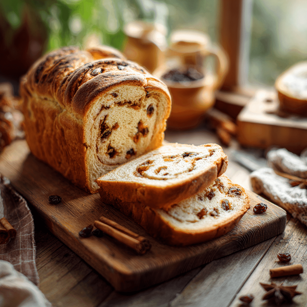 Cinnamon raisin bread dough being filled and rolled on countertop