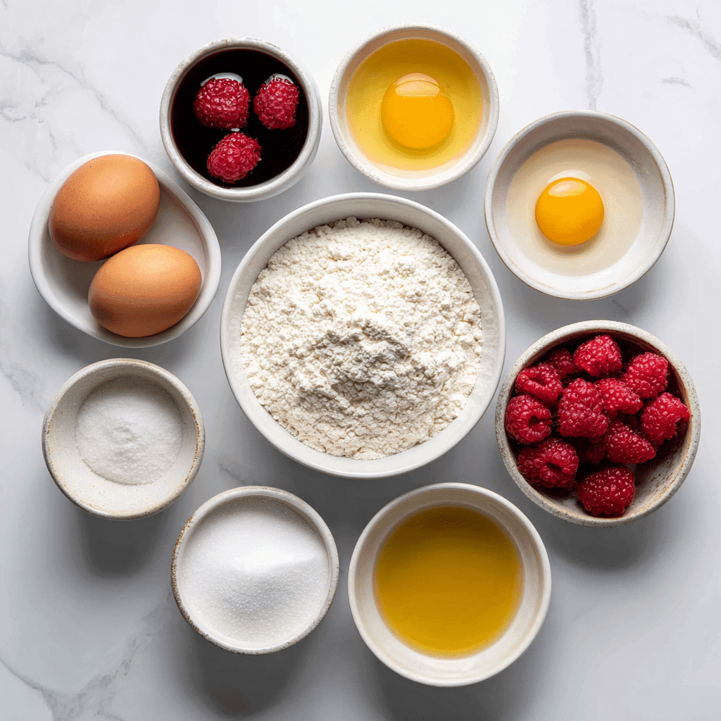 Ingredients for Vampire Bite Donuts with Raspberry Glaze arranged flat lay