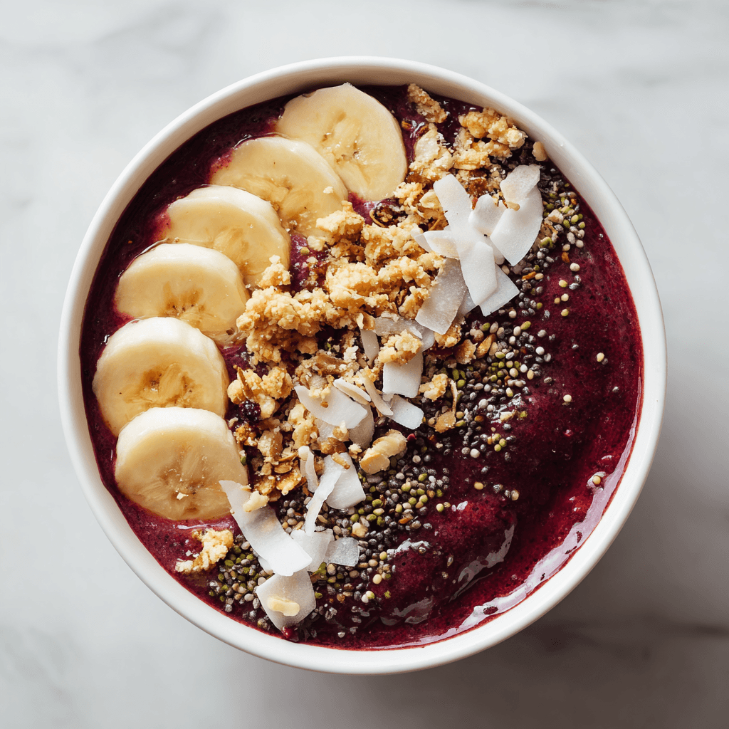 Bloody Berry Smoothie Bowl topped with banana and granola
