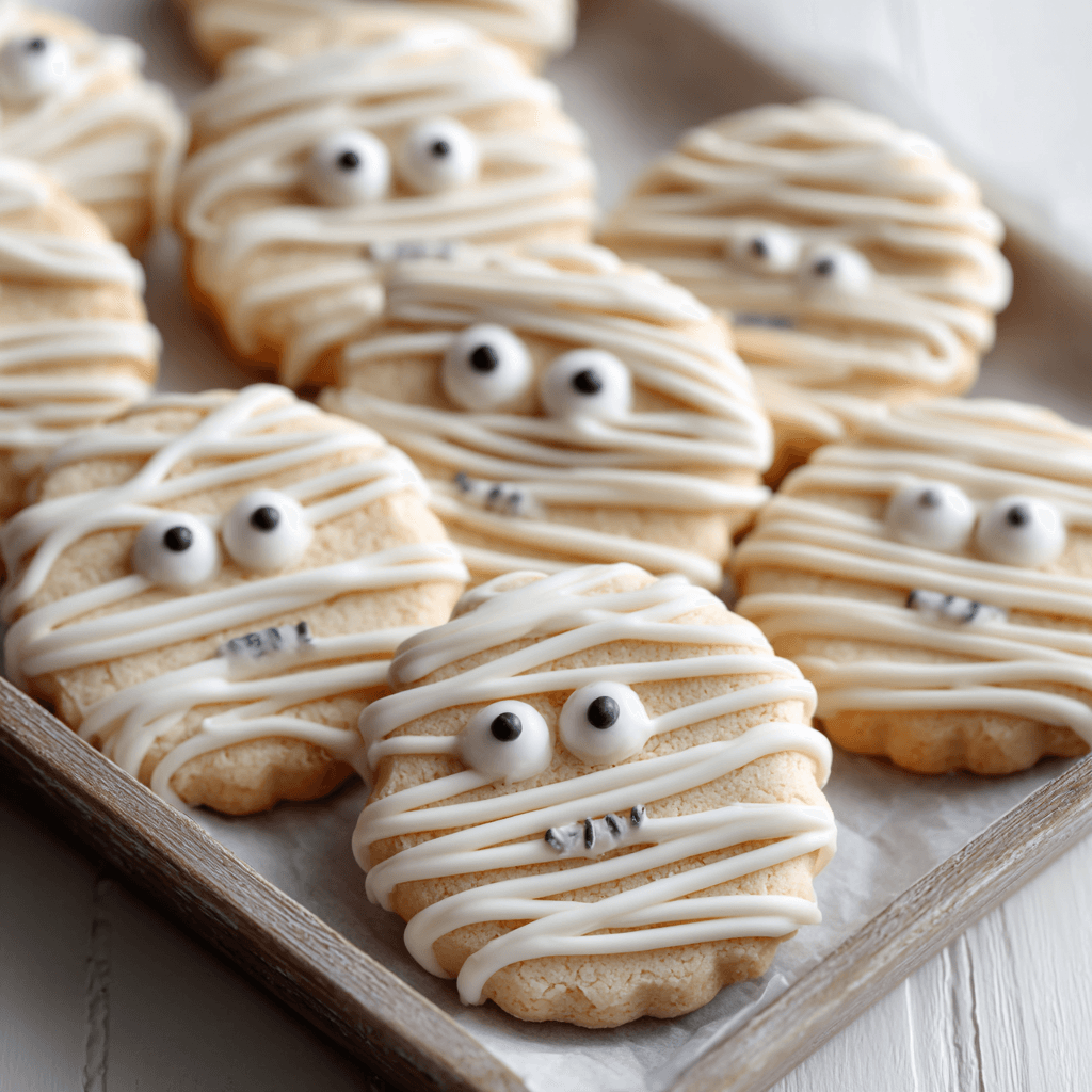 Mummy Sugar Cookies with White Chocolate Drizzle on parchment tray