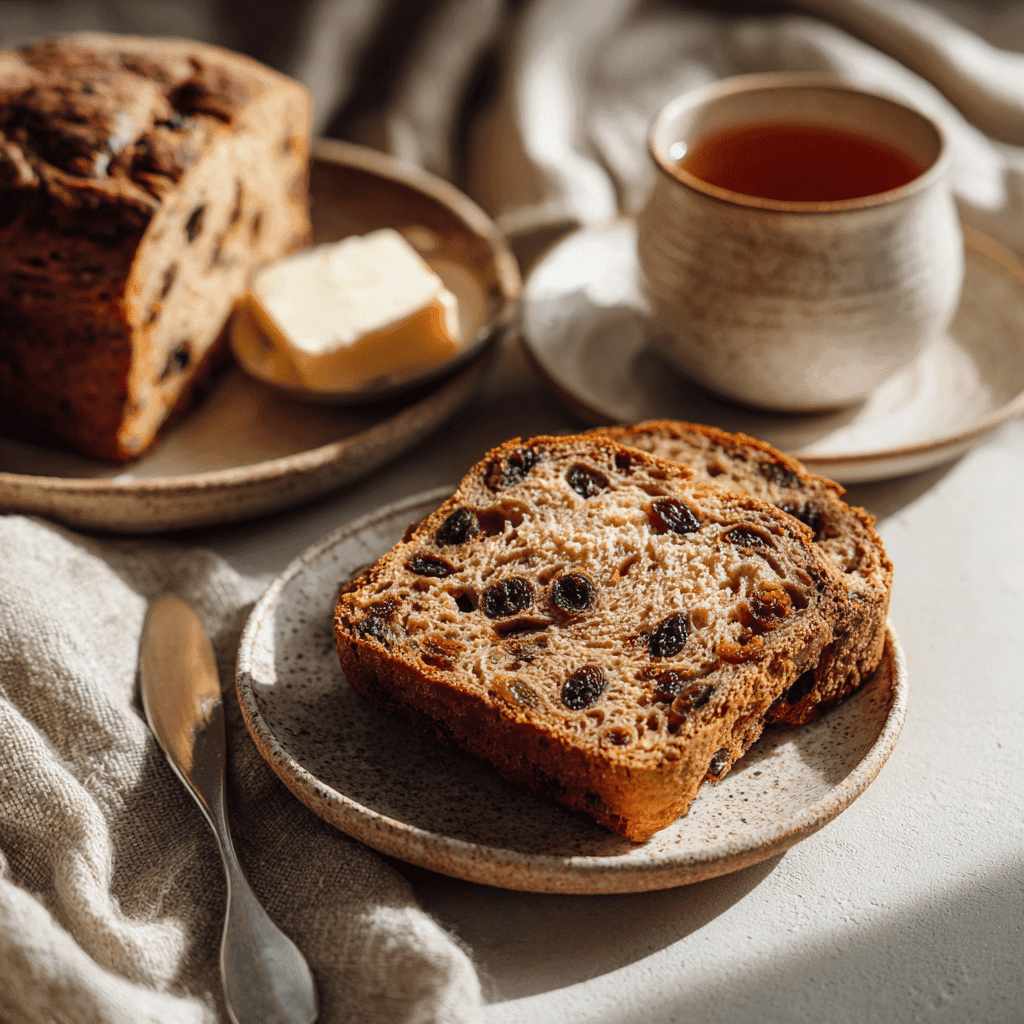 Sliced cinnamon raisin bread served with tea and butter