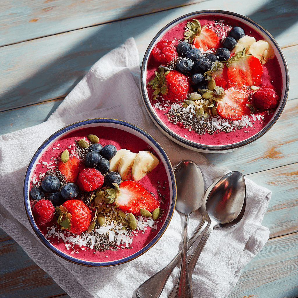 Two Bloody Berry Smoothie Bowls ready to serve on a breakfast table