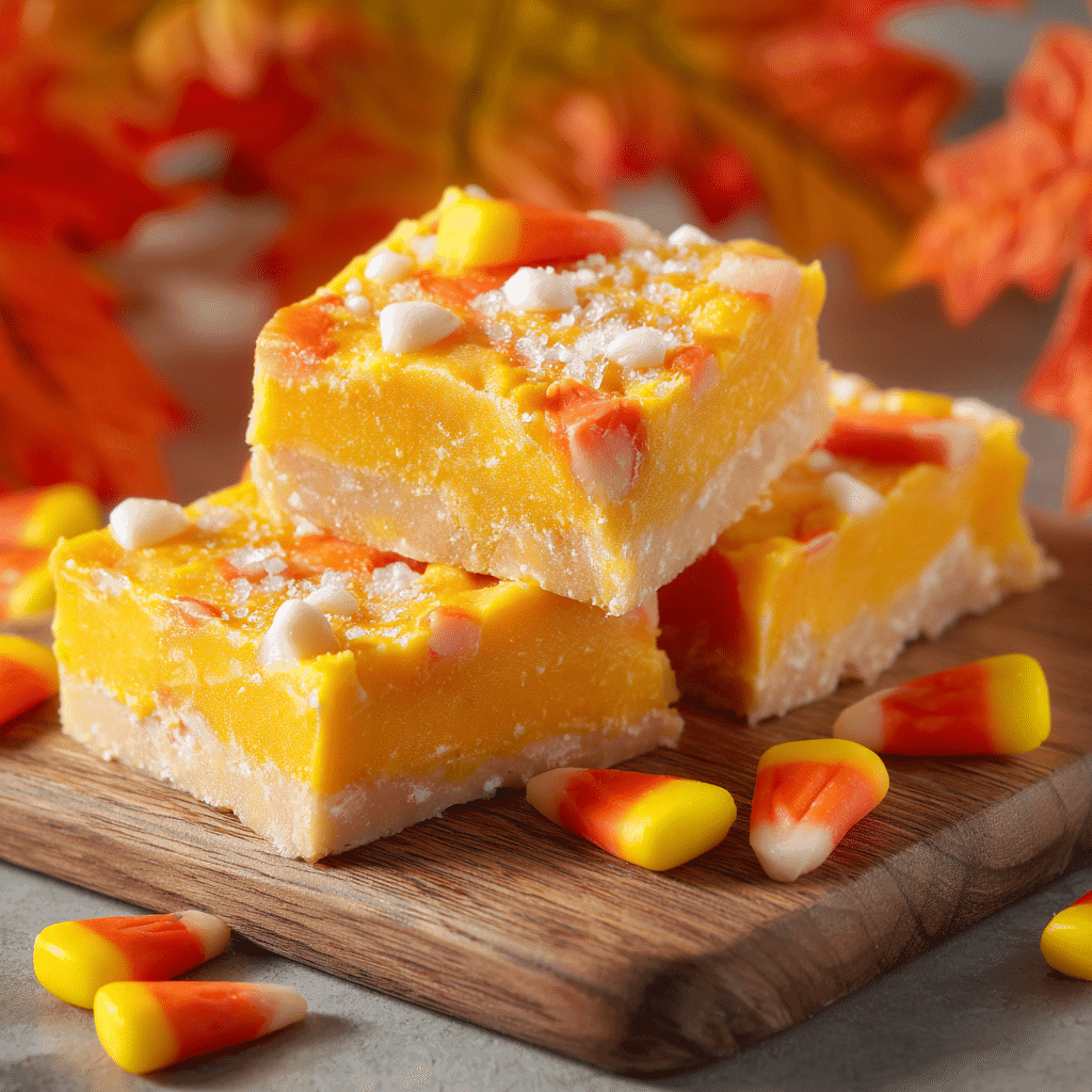 Candy Corn Fudge Squares served on board with fall accents