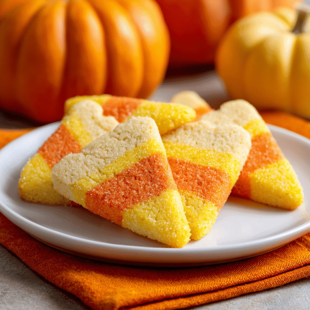 Halloween Candy Corn Shortbread Cookies on white plate