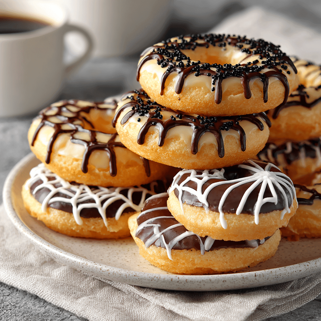 Plate of Spooky Spider Donuts stacked and ready to serve for Halloween
